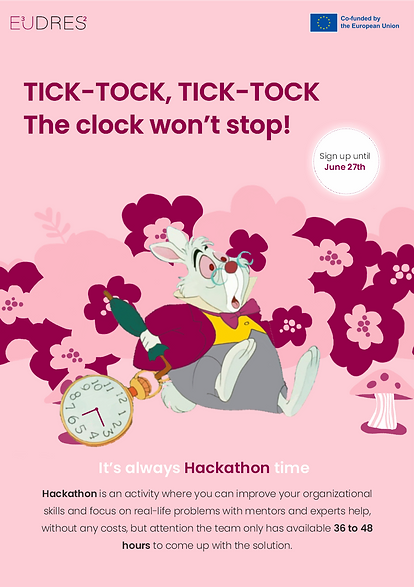 O foco principal deste flyer é a velocidade do Hackathon. Nesta peça, elementos verbais e visuais foram usados para destacar esse atributo. É importante ressaltar que a predominância das cores rosa e maple existe para sustentar a identidade visual da E³UDRES². Foi estabelecido um prazo para atrair os alunos para a inscrição, o que está sendo reforçado por meio de elementos visuais.